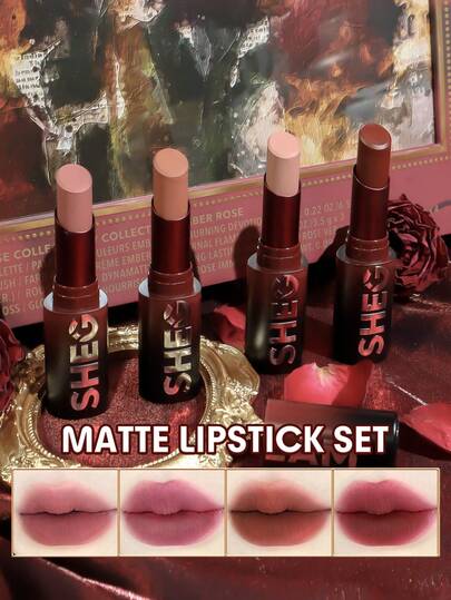 SHEGLAM Dynamatte Boom 롱라스팅 매트 립스틱(엠버 로즈 세트) 4개/세트 발렌타인 선물 핑크 레드 누드 립스틱 세트 가벼운 색상 비이전 크리미 매트 립 메이크업 컬렉션 브랜드 뷰티 메이크업 화장품 여성과 소녀를 위한 완벽한 겨울 봄 이상적인 Y2K 화려한 패션 생일 밸런타인데이 기프트 파티 준비 완료 최고 색상