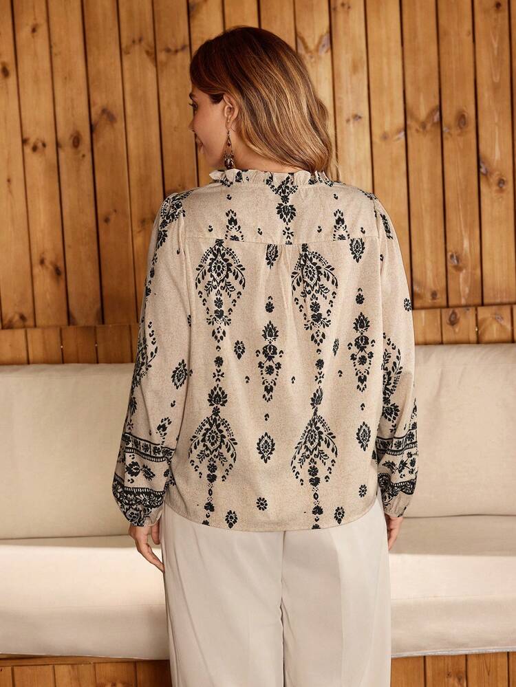 Women's Ruffle Trim Print Long Sleeve Blouse  Stylish Clothing Collection Boho Blouses Western Tops Women Casual Blouses For Women Lantern Sleeve Blouse Elegant Party Clothes For New Year Christmas Clothes For Women  Winter Clothes For Women Women's Social Blouse