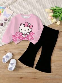 SHEIN Hello Kitty and Friends | Modeflare Wear IP官方授权女婴可爱蝴蝶结和花卉图案针织柔软套头衫和喇叭裤套装，适合秋冬休闲装 - 彩色 - 查看 4