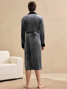 EverLounge Vintage British Style Comfortable Plush Fluffy Cozy Robe, Shiny, Warm, Contrast Color, Elegant, Suitable For Lounging, Family Gathering, Open Front, Men, Winter - Multicolor - View 2