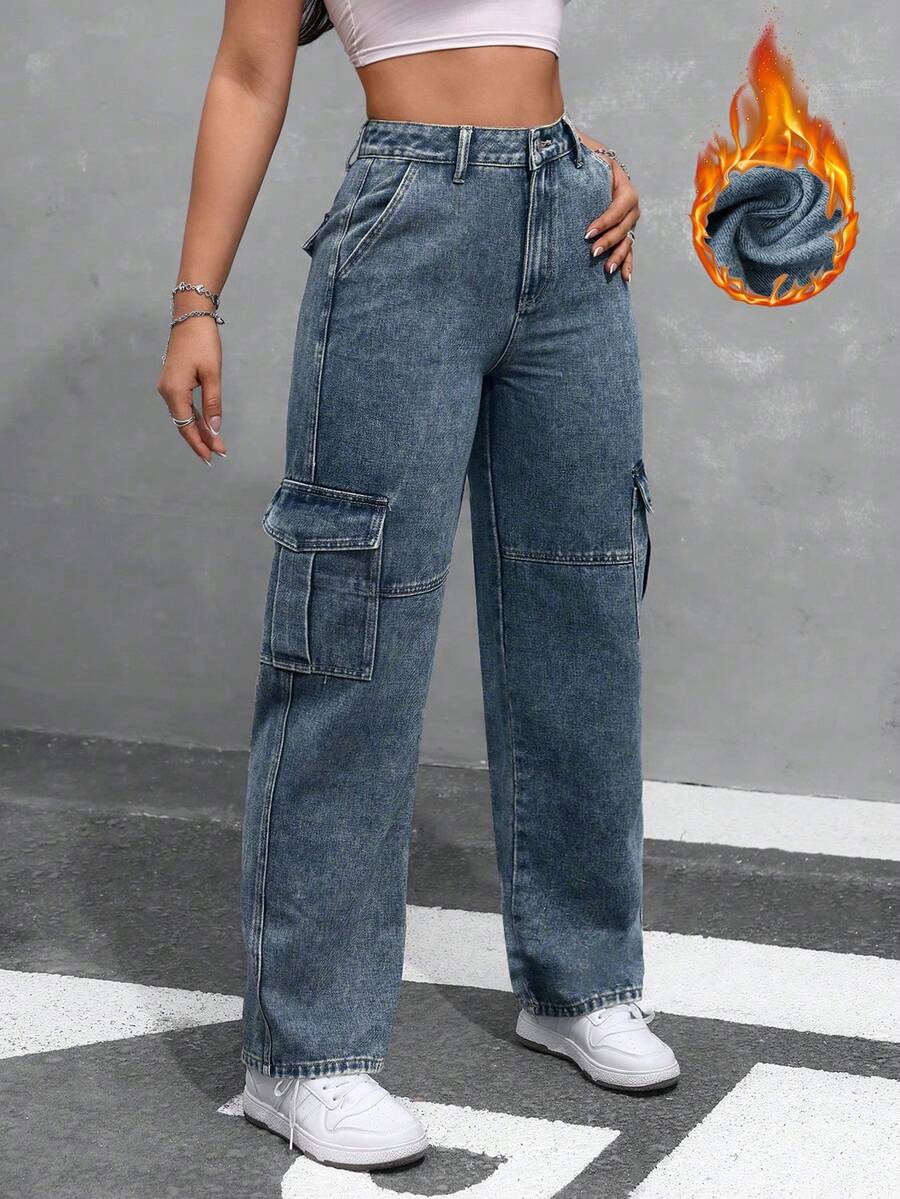 SHEIN ICON 女士纯色休闲保暖牛仔裤 - 深色水洗藍 - 查看 1