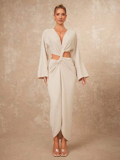 Lumalex VITNOS 秋冬新款红棕色特别褶皱设计收腰修身长袖连衣裙