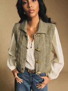 Poéselle Women's Casual Loose Knitted Vest With Horn Button Design, Autumn/Winter Women Western Clothes Women S Western Clothing - Army Green - View 5