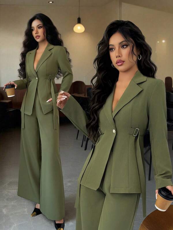 Elenzga Women's Elegant Lapel V-Neck Long Sleeve Unique Waist Tie Fastening High-End Blazer Jacket And Straight Wide-Leg Pants Two Pieces Suit Set, Suitable For Commuting And Work Occasions In Autumn