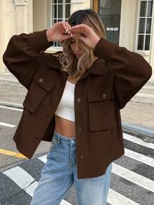Serisse Women's Solid Color Drop Shoulder Long Sleeve Single-Breasted Cargo Pocket Casual Jacket In Fall/Winter Brown