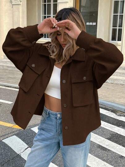 Serisse Chaqueta casual de mujer de un solo pecho con bolsillo de carga, de manga larga y hombros caídos, de unicolor, para otoño/invierno