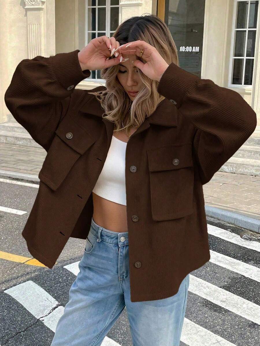 Serisse Women's Solid Color Drop Shoulder Long Sleeve Single-Breasted Cargo Pocket Casual Jacket In Fall/Winter Brown