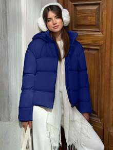 EURMUSE Women's Short Puffer Jacket – Beige Hooded Quilted Winter Coat, Warm Zip Up Outerwear, Ribbed Cuff Details, Lightweight Insulated Bubble Jacket, Drawstring Hood, Fashionable Casual Street Regular Fit, Cozy Thermal Layer - Royal Blue - View 1