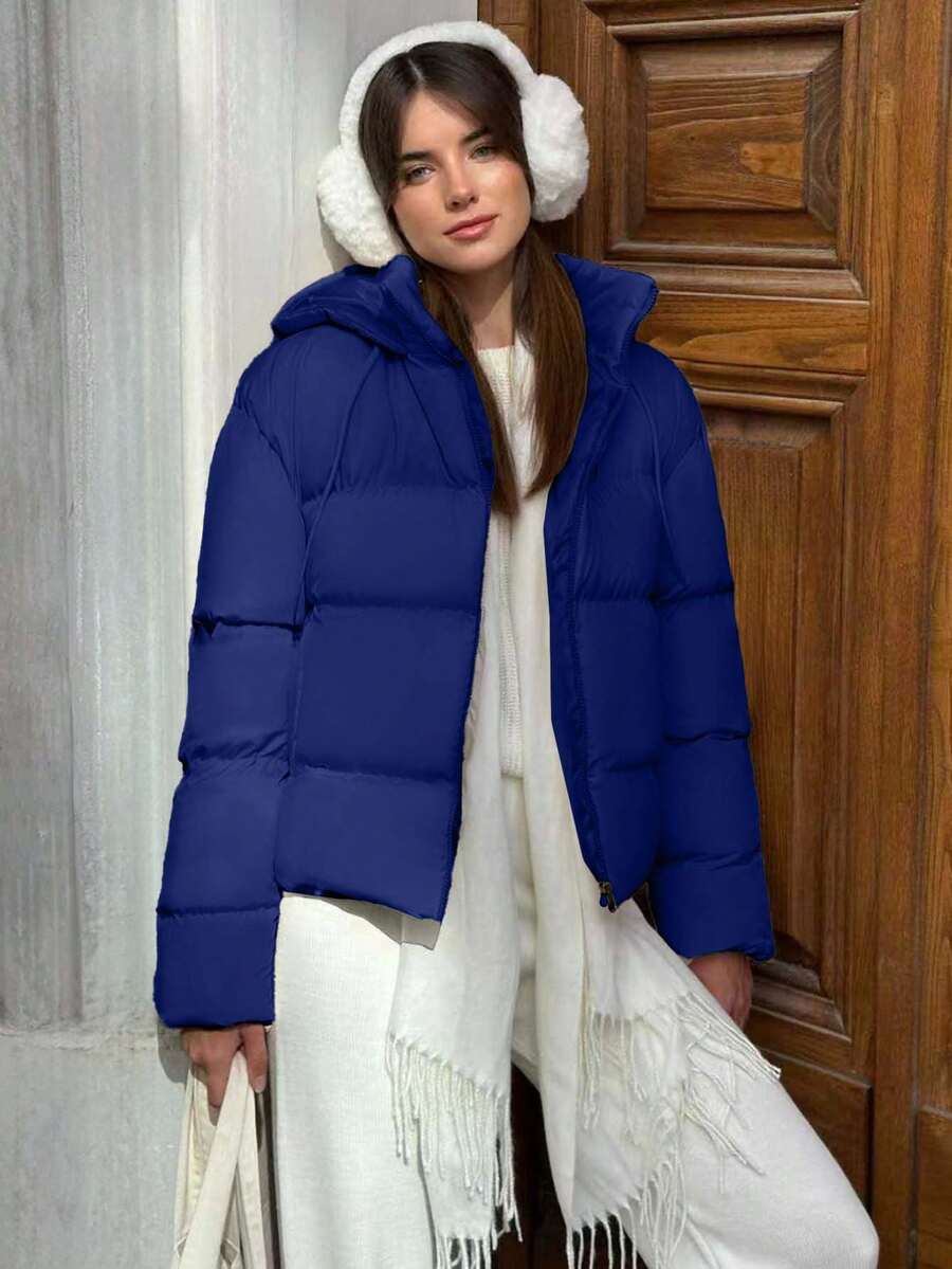 EURMUSE Women's Short Puffer Jacket – Beige Hooded Quilted Winter Coat, Warm Zip Up Outerwear, Ribbed Cuff Details, Lightweight Insulated Bubble Jacket, Drawstring Hood, Fashionable Casual Street Regular Fit, Cozy Thermal Layer - Royal Blue - View 1