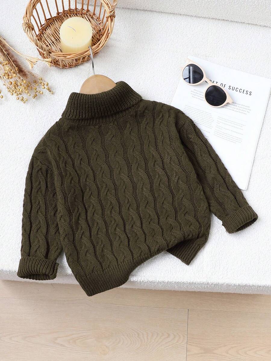 SHEIN 1 pieza Suéter para niñas, cuello alto, textura de punto trenzado vintage, corte holgado y relajado, grosor regular, dobladillo prolijo, puños ajustados, suave y cómodo, versátil y de moda en color café, adecuado para uso diario, hogar y salidas en otoño/invierno - Café integral - Ver 1