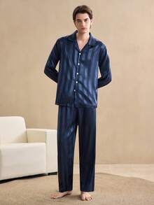 Faux Silk Jacquard Men's Pajama Set, Winter Clothes - Navy Blue - View 4