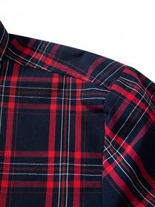 Manfinity Homme 男士格子印花纽扣前开襟休闲长袖衬衫，秋季，圣诞节 - 紅色 - 查看 4