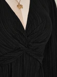 SHEIN ICON Plus Size Women's Autumn/Winter Sexy Retro Elegant Commuter Simple Casual V-Neck Long Sleeve Lantern Sleeves Twisted Chest Hem Black Textured Fabric Loose Women's Top - Black - View 5