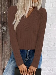 SHEIN LUNE LUNE V领拉绒罗纹女上衣，跨境电商秋冬新品 - 棕色 - 查看 6