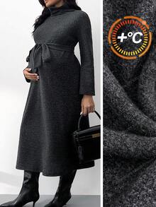 MaterniWear 孕妇纯色高领长裙，秋冬 - 灰色 - 查看 1