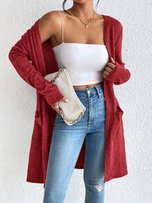 SHEIN Essnce Dual Pocket Open Front Coat Without Cami Top In Fall/Winter Red For Women's Summer Red Cover Up Red Sweater Red Coat - Rose Red - View 9