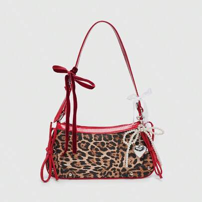 Kawaii Women's Retro Ballet Style Butterfly Decor Chain Leopard Print Faux Pearl Lace Decor Shoulder/Underarm Baguette Bag, Shoulder Bag, Animal Print Women Bag, Fall Winter Fashionable Cheetah Print Purse For Women, New Fall Winter Tiger Print Bag For Women