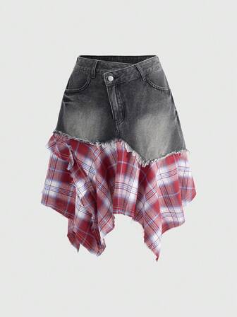 Grunge Punk Minifalda de mezclilla asimétrica con parches de tartán y estilo romántico punk y universitario para mujer