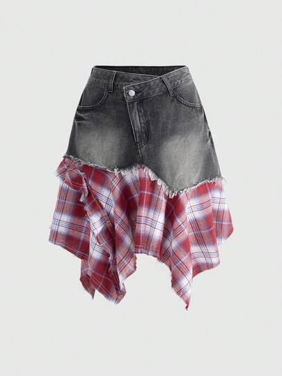 Grunge Punk Romantisch Punk, Collegestil Denim Patchwork Karomuster Asymmetrischer Saum Damen Denim Minirock