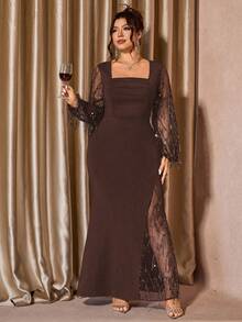 Cravure 大码女式方领闪亮网眼拼布连衣裙，弹力奢华派对长袖高开衩礼服，秋冬 - 棕色 - 查看 6