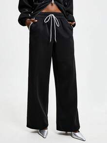 GENKIRA Damskie czarne spodnie dresowe z elastyczną talią i prostymi nogawkami - Czarne - Zobacz 4