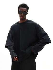 SUMWON Camiseta de Manga Longa Gola Redonda Regular Oversized para Sobreposição, Casual Streetwear