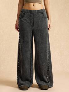 Easelle Black Knit Retro Stretch Waist Straight Loose Casual Women's Sports Pants Sweatpants With Studded Sides And Snowflake Pattern, Autumn And Winter Long Pants. - Black - View 7