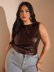 SHEIN BAE 女式夏季纯色 PU 皮革褶皱修身背心 - 咖啡棕 - 查看 4