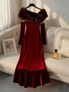 Franclia Women's Faux Fur Collar Fishtail Hem Fitted Elegant Dress