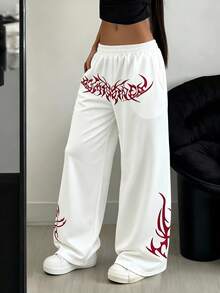 StreetHx 女式哥特式花卉印花宽松直筒休闲运动裤 - 白色 - 查看 3