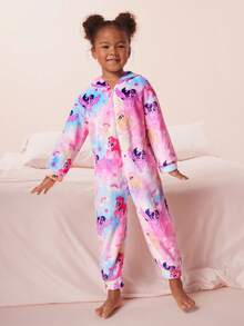 My Little Pony X SHEIN Bộ đồ ngủ liền thân vải nỉ dài tay có khóa kéo họa tiết hoạt hình nhuộm loang màu cho bé gái - Nhiều màu - Xem 4