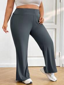 SHEIN CURVE+ 大码女高腰喇叭弹力休闲裤秋季女装春夏季清凉裤喇叭裤 - 深灰色 - 查看 4