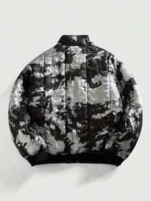 ROMWE MEN Street Life 男士时尚拉链深色纹理长袖羽绒服 - 黑色 - 查看 2