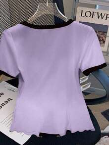 SHEIN Clasi 大码女式金属纽扣和亮片蝴蝶结装饰修身短袖T恤，圆领，适合夏季度假