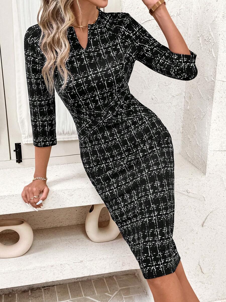 SHEIN Clasi 女式 V 领 3/4 袖格子修身中长连衣裙，优雅 - 黑色 - 查看 1