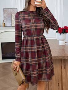 EMERY ROSE 休闲复古格纹修身长袖女装连衣裙，适合秋冬季 - 彩色 - 查看 7