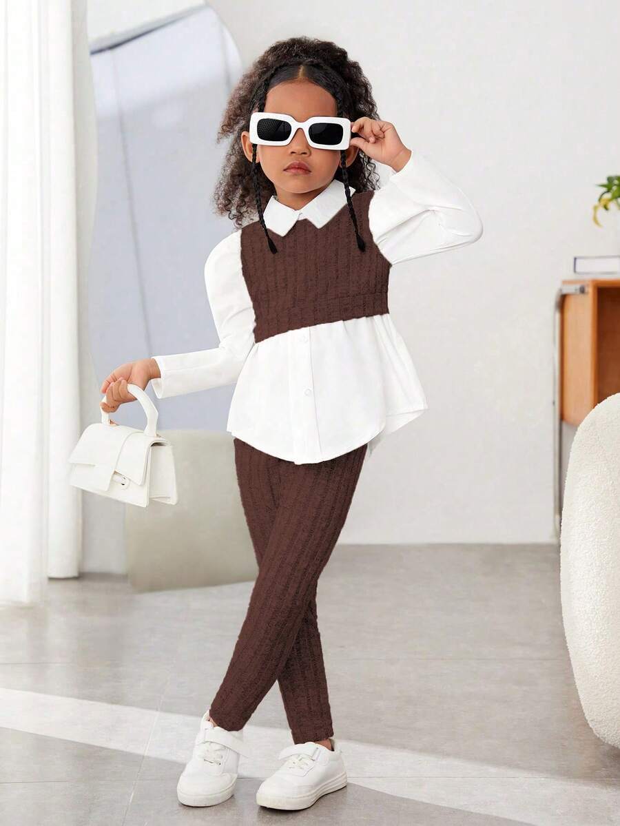 2pcs/Set Young Girls' Fashion Casual 2 In 1 Top & Pants Set - Brown - View 1