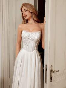 Elenzga Váy Bandeau xếp ly xương cá thêu sequin mùa hè dành cho nữ - trắng - Xem 1