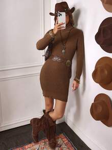LanaWest Ribbed Turtleneck Knitted Slim Fit Sweater Dress For New Year Clothes - Mocha Brown - View 4
