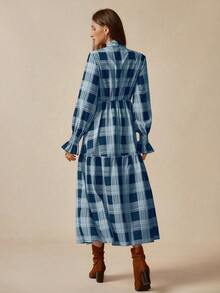SHEIN Unity 女士休闲格子荷叶边长袖连衣裙，适合度假浪漫场合 - 藍白色 - 查看 2