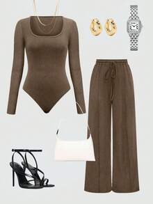 SHEIN Tall Bộ đồ liền thân cổ vuông màu trơn và quần ống rộng cạp chun rút dây cho nữ, mùa thu - màu nâu - Xem 3