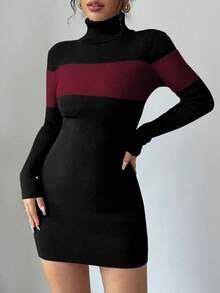 Selianne Color Block Turtleneck Sweater Dress, Fitted & Elegant, Autumn - Red - View 6