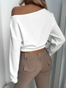 Aloruh Asymmetrical Shoulder Long Sleeve T-Shirt,95% Cotton Pullover,All White,Autumn,Casual,Everyday Basic Style For Women,Vintage Soft Girl Fall Wardrobe - White - View 3