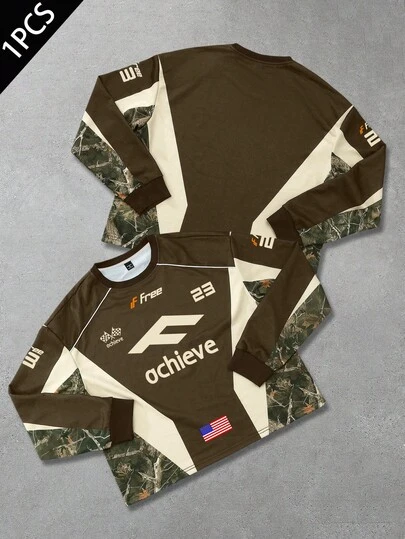 PAVTROS 1 pieza Sudadera holgada para hombre, diseño gráfico de carreras, diseño de color contrastante, sudadera corta, uso casual diario para adultos jóvenes, otoño/invierno, gran idea de regalo, top de manga larga