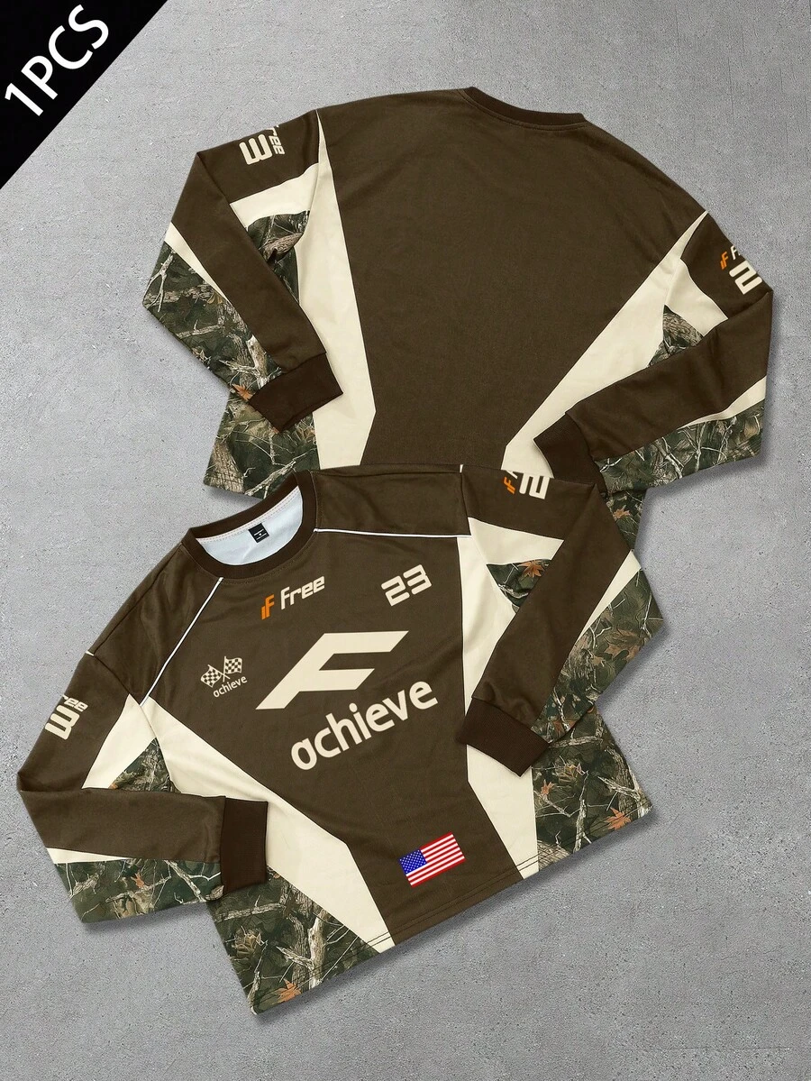 PAVTROS 1pc Men's Loose Fit Pullover Sweatshirt, Racing Graphic, Contrast Color Design, Short Sweatshirt, Casual Daily Wear For Young Adults, Autumn/Winter, Great Gift Idea, Long Sleeve Top - Khaki - View 1