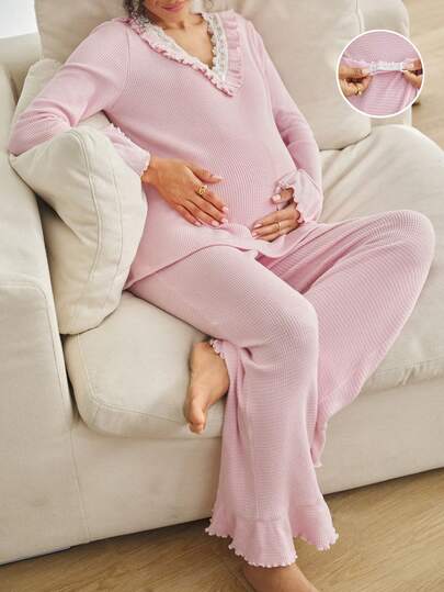 Moonlight&Mama 孕妇撞色V领荷叶边长袖上衣和裤子针织舒适睡衣，冬季