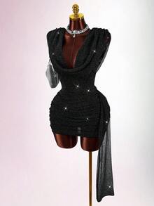 Amplova Damen Glitzer Mini-Kleid mit tiefem Ausschnitt, tailliert, Partykleid