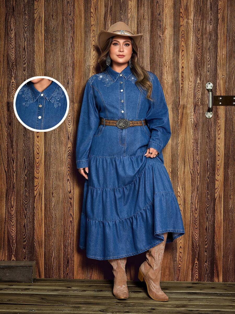 EMERY ROSE Váy denim đính đá phong cách phương Tây cổ điển cỡ lớn dành cho nữ - Rửa tối - Xem 1
