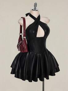 SHEIN ICON 大码女式黑色皮革吊带连衣裙 - 黑色 - 查看 1