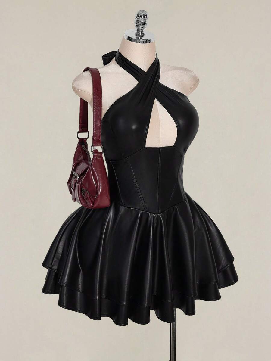 SHEIN ICON 大码女式黑色皮革吊带连衣裙 - 黑色 - 查看 1